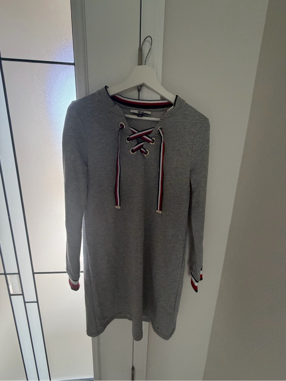 Tommy Hilfiger Women Grey Lace-Up Sweatshirt Dress with Striped Trim